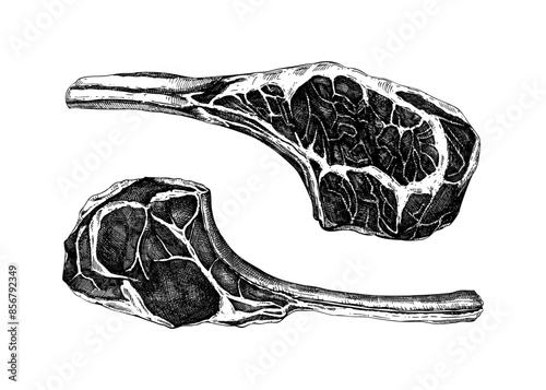 Tomahawk steak sketches. Vector meat drawing. Hand drawn food illustrations. NOT AI generated