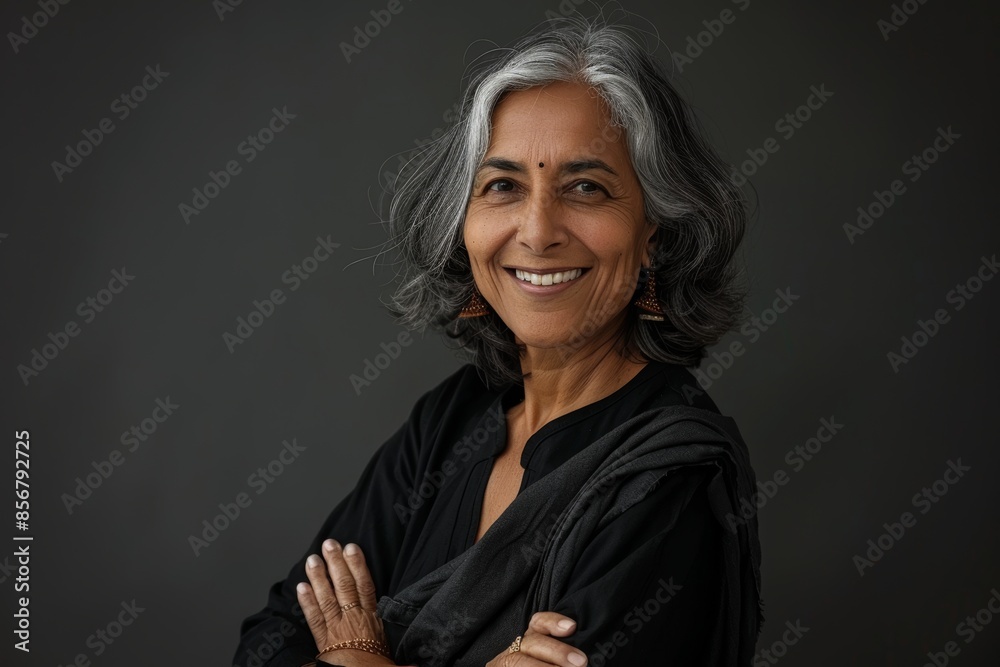 Portrait of a grinning indian woman in her 60s with arms crossed isolated in blank studio backdrop Portrait of a grinning indian woman in her 60s with arms crossed isolated in blank studio backdrop