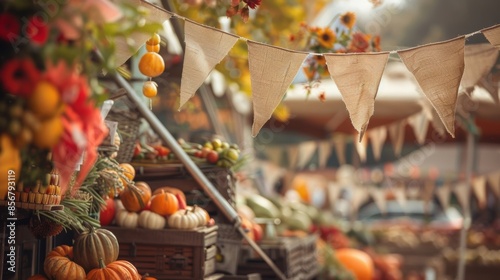 An autumnal harvest festival with fluttering burlap banners and flags creating a cozy and festive atmosphere.