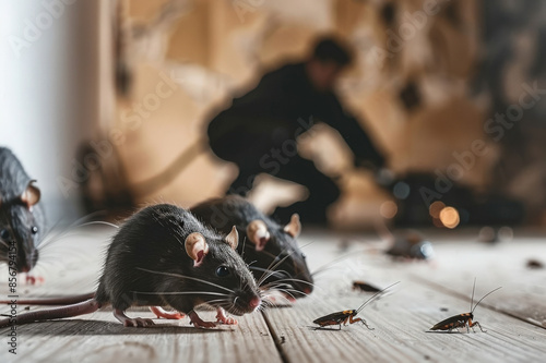 Rats and cockroaches are on the floor of flat or house. Pest control professional with special equipment is in the background.  photo