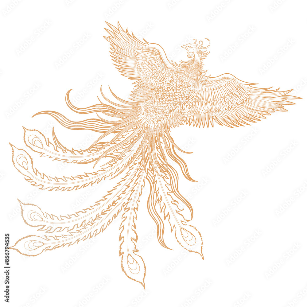 Fototapeta premium Gold phoenix bird png sticker, Chinese mythical creature illustration, transparent background
