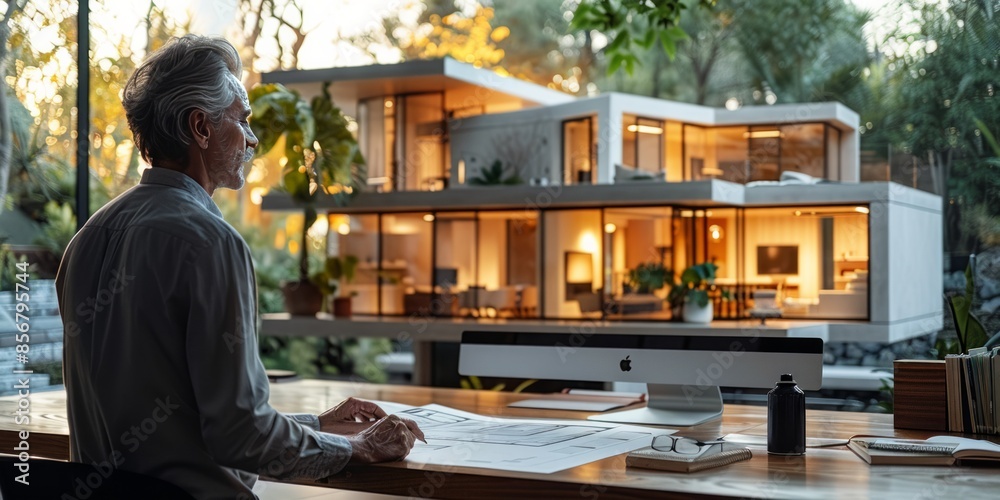 Architect working at desk with modern house model in background, illuminated by warm evening light Architect working at desk with modern house model in background, illuminated by warm evening light