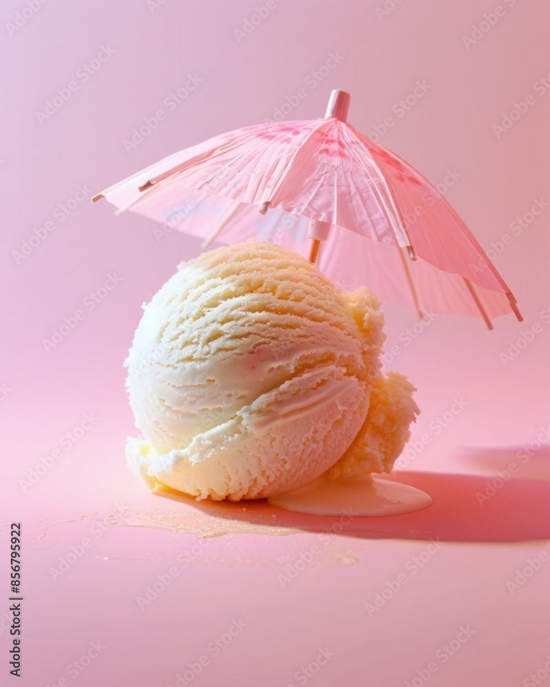 Vanilla Ice Cream Scoop under Pink Umbrella Vanilla Ice Cream Scoop under Pink Umbrella