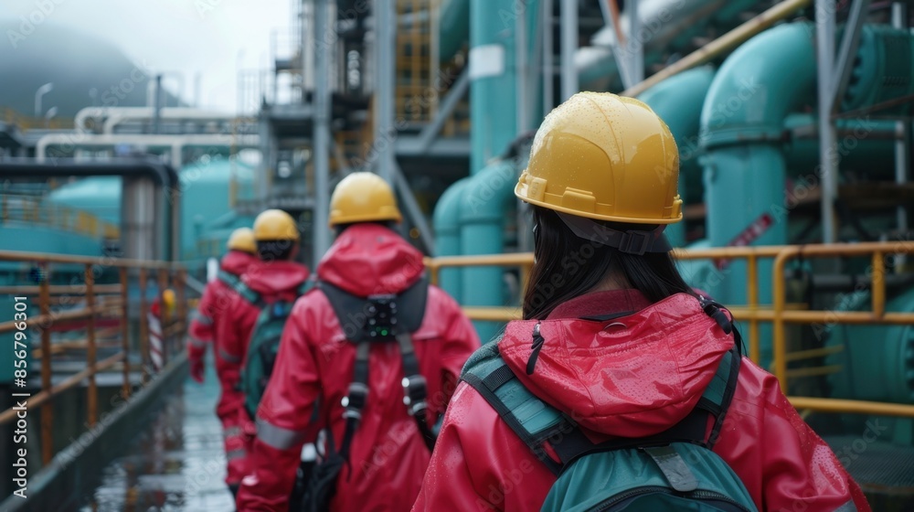 Focused Safety: A close-up view captures a line of workers in hard hats and protective gear, walking in unison. Emphasizing teamwork and safety in an industrial environment.
Focused Safety: A close-up view captures a line of workers in hard hats and protective gear, walking in unison. Emphasizing teamwork and safety in an industrial environment.