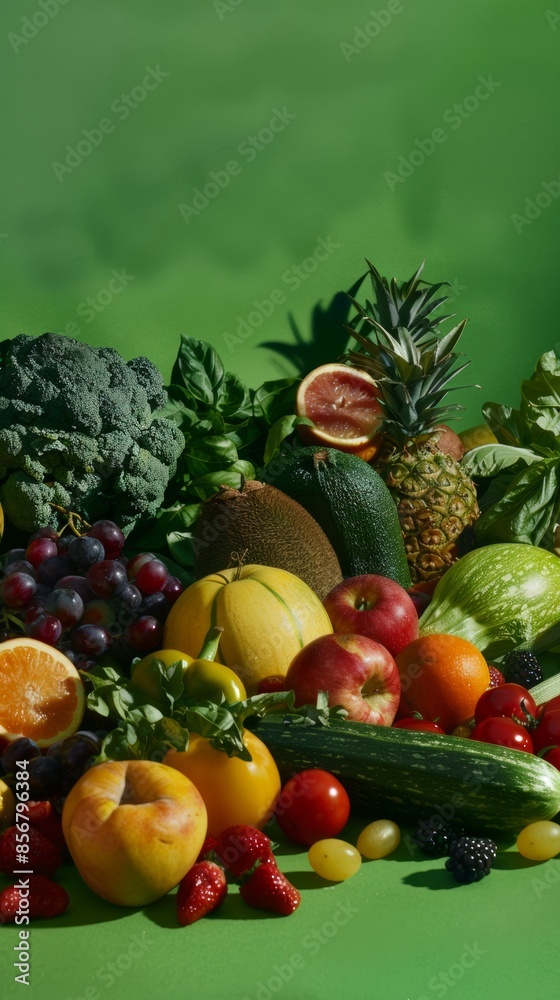 Fresh assorted fruits and vegetables on green background, healthy eating and diet concept Fresh assorted fruits and vegetables on green background, healthy eating and diet concept