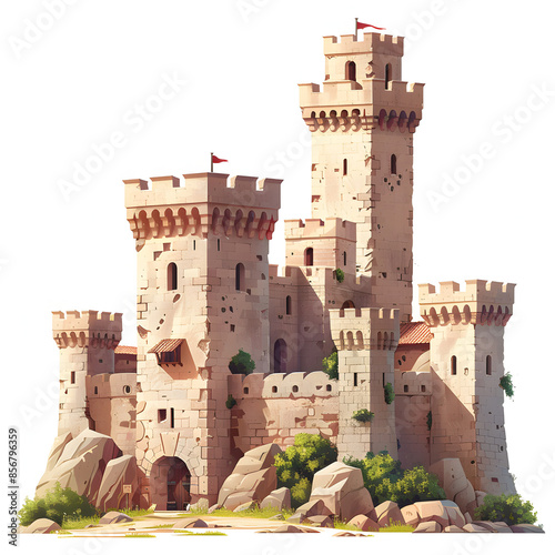 fortified tower in castillo village in spain isolated on white background, flat design, png photo