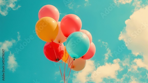 A bunch of colorful balloons floating in the sky against a backdrop of soft clouds, evoking a sense of celebration and joy. 