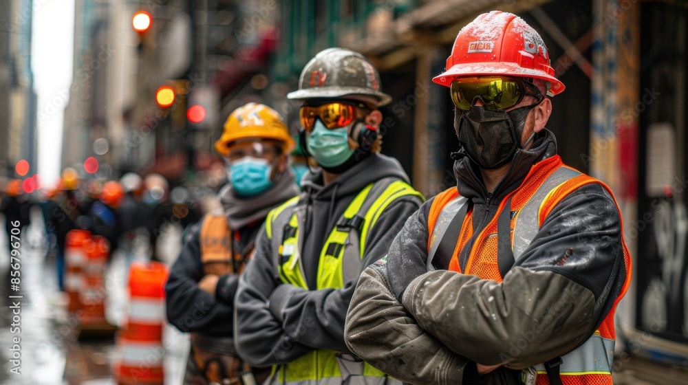 On the job site, three construction workers, wearing hard hats, reflective vests, and face masks, stand with arms crossed, confidently displaying teamwork and safety adherence.
On the job site, three construction workers, wearing hard hats, reflective vests, and face masks, stand with arms crossed, confidently displaying teamwork and safety adherence.