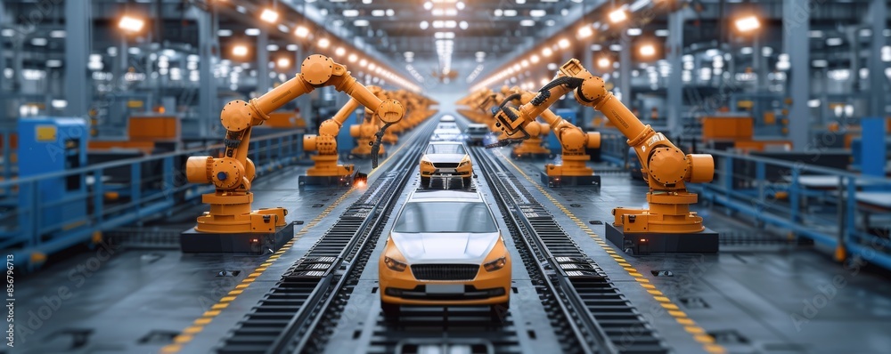 Modern car factory with robotic arms on assembly line producing vehicles Modern car factory with robotic arms on assembly line producing vehicles