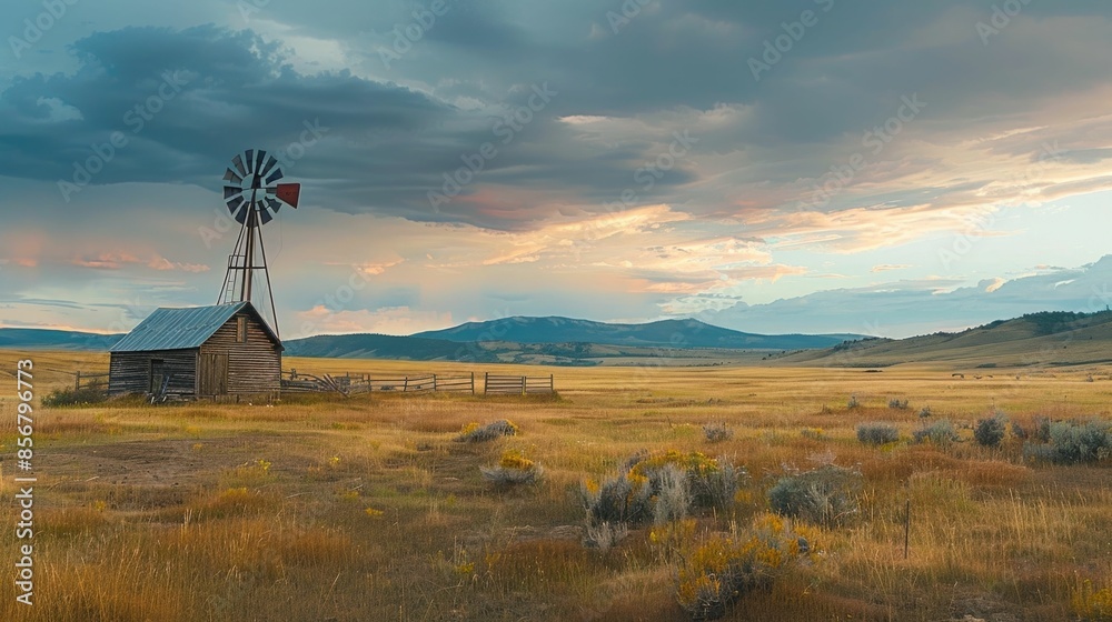 Obraz premium Weathered vintage windmill providing power to a remote rural farm at sunset with dramatic cloudy sky and mountainous countryside landscape in the background Tranquil