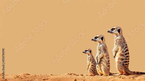 family of meerkats standing alert in the desert on pastel background with copy space photo