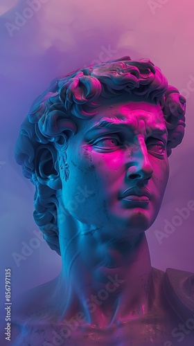 Modern Neon Renaissance Statue in Blue and Pink Lighting with Dramatic Expression