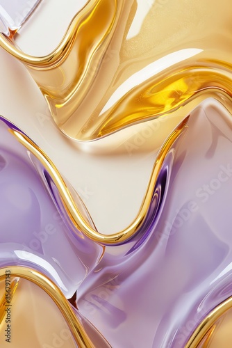 A close-up abstract image of gold and lavender liquid swirling together in a dynamic composition