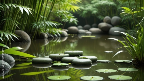 A serene image of stone steps leading through a calm water garden, surrounded by lush bamboo leaves, creating a peaceful and natural ambiance.