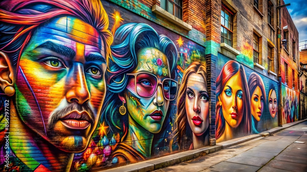 Fototapeta premium A Colorful Mural Of Various People'S Portraits Painted On A Brick Wall.