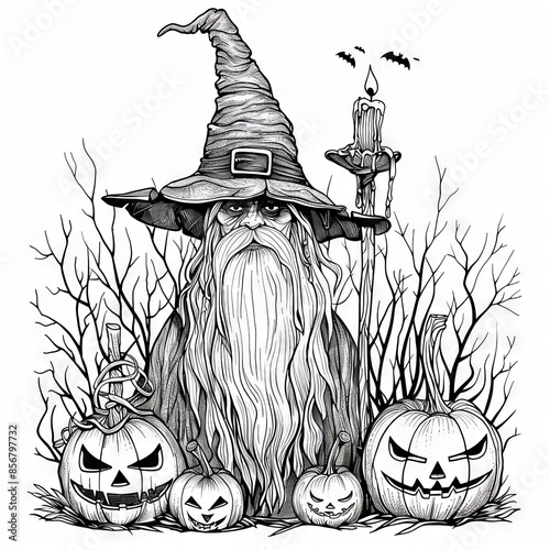 A black and white illustration of a long-bearded wizard with a pointed hat standing in a forest surrounded by jack-o-lanterns photo