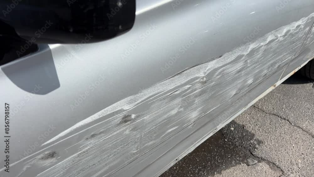 Detail Of Car With Bodywork Panels Damaged In Motor Vehicle Accident Parked In Garage Repair Shop. Accident scratch car doors Detail Of Car With Bodywork Panels Damaged In Motor Vehicle Accident Parked In Garage Repair Shop. Accident scratch car doors