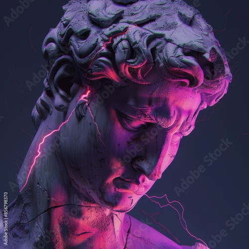 Neon-Lit Classical Sculpture Head with Electric Pink and Purple Light Effects