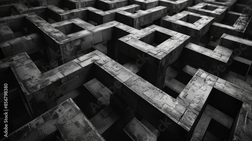 A black and white photograph depicting a complex network of stone blocks forming a labyrinthine structure