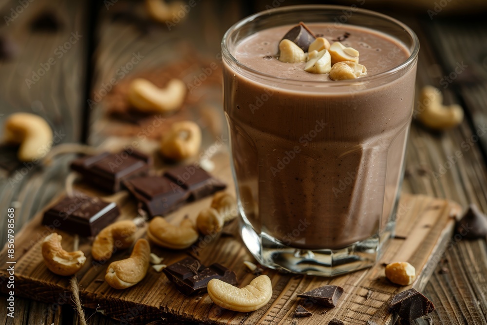 The perfect beverage to fuel your day with a healthy chocolate protein shake garnished with cocoa