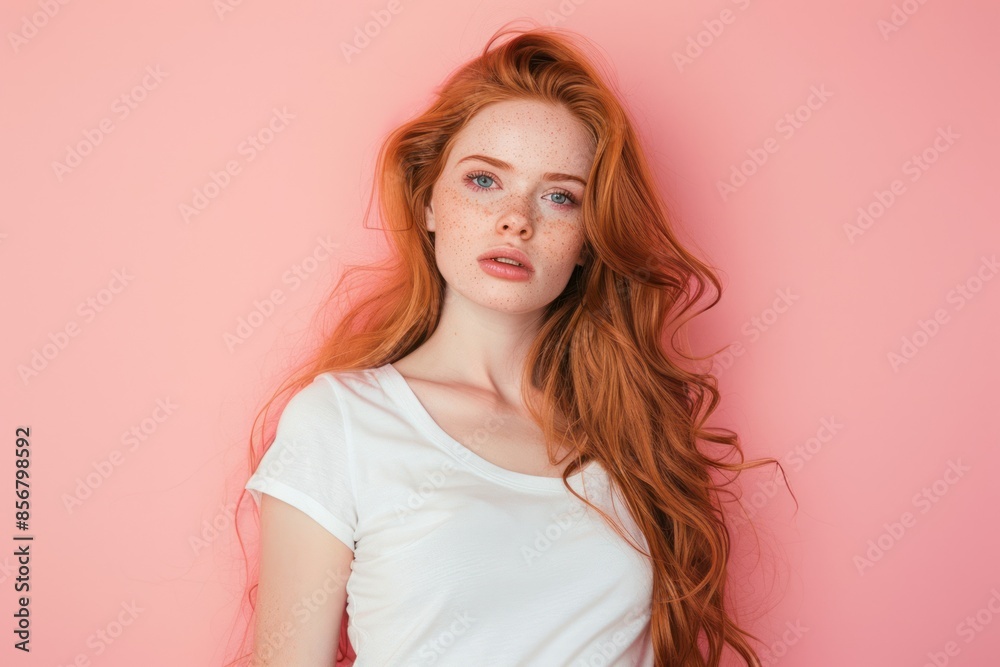 Portrait of a Red-Haired Woman on Pink Background Portrait of a Red-Haired Woman on Pink Background