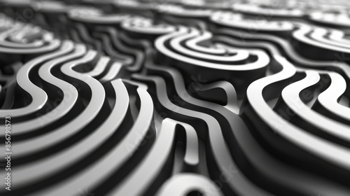 A close-up, black and white photograph of a series of intertwined curves that create a three-dimensional, abstract landscape