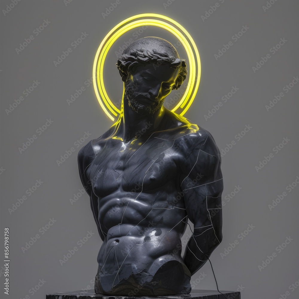Modern Marble Bust with Neon Halo in Digital Art Style Modern Marble Bust with Neon Halo in Digital Art Style
