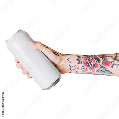 Hand holding a white aluminum can transparent png photo