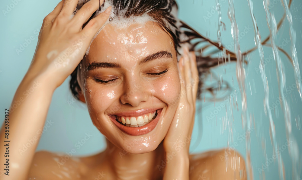Naklejka premium Attractive Young Woman Shampooing Her Hair