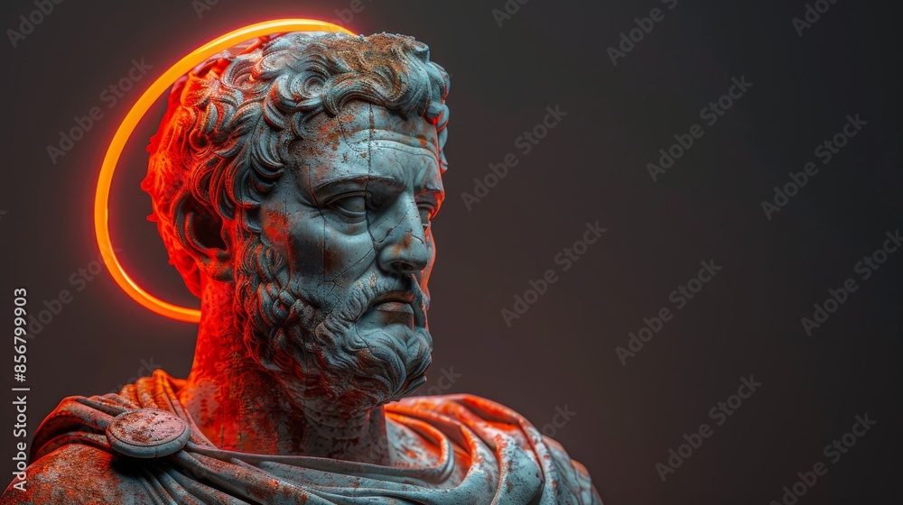 Ancient Stone Statue with Neon Halo in Dramatic Lighting Ancient Stone Statue with Neon Halo in Dramatic Lighting