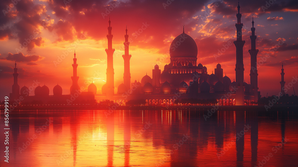 Naklejka premium blue mosque at sunset