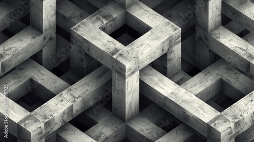 An abstract pattern of intersecting concrete structures creates a visually engaging and thought-provoking image