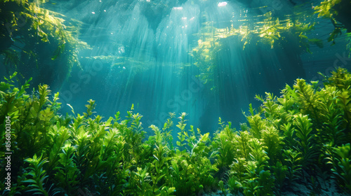 green seaweed in the deep sea, light reflections,