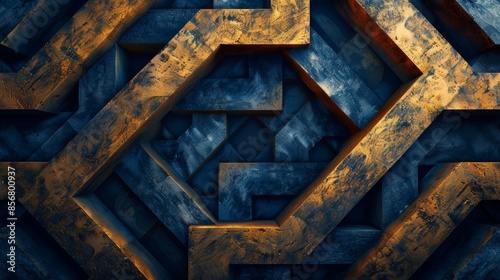 A close-up photograph of a metallic, geometric pattern with a deep blue and gold color scheme. The intricate design resembles a labyrinth, with faded gold and navy blue hues