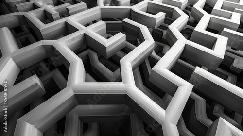 A black and white photograph of a geometric abstract maze composed of overlapping hexagonal shapes. The intricate pattern creates a sense of depth and complexity