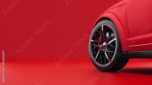 Red background with a picture of a car wheel. Poster design. Three-dimensional illustration.
