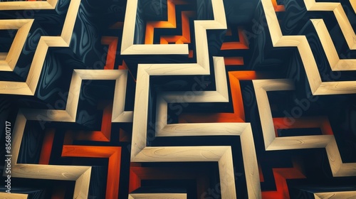 A close-up of a wooden maze with orange and black accents. The maze is made up of many different layers and is very complex