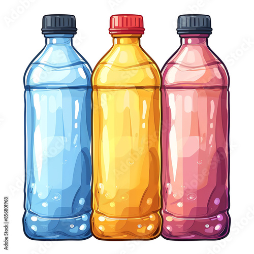 Colorful illustration of three plastic bottles filled with different beverages. Great for design, marketing, and branding purposes. photo