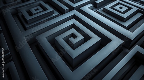 A close-up photograph of a textured, dark gray, 3D maze with intricate spiraling squares that create a mesmerizing visual illusion