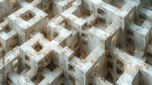 Close-up of a weathered concrete structure with intersecting squares and rectangles, highlighted by light and shadow to reveal textures and details