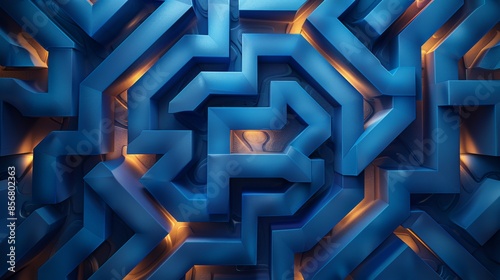 A close-up photograph of a complex, blue, geometric maze with glowing orange highlights. The intricate pattern of shapes creates a sense of depth and mystery