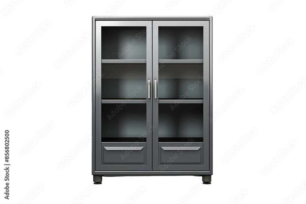 A Modern, Sleek Metal Cabinet With Glass Doors and Shelves on a Clear PNG or White Background. A Modern, Sleek Metal Cabinet With Glass Doors and Shelves on a Clear PNG or White Background.
