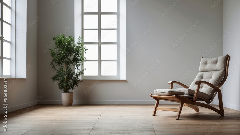Interior home of living room with wooden armchair on empty white wall copy space mock up, hardwood floor Interior home of living room with wooden armchair on empty white wall copy space mock up, hardwood floor