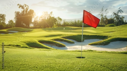 Flag on Golf Course Surrounded by Sand Traps A Serene Scene of Precision, Skill, and Strategic Play in a Beautiful Landscape
 photo