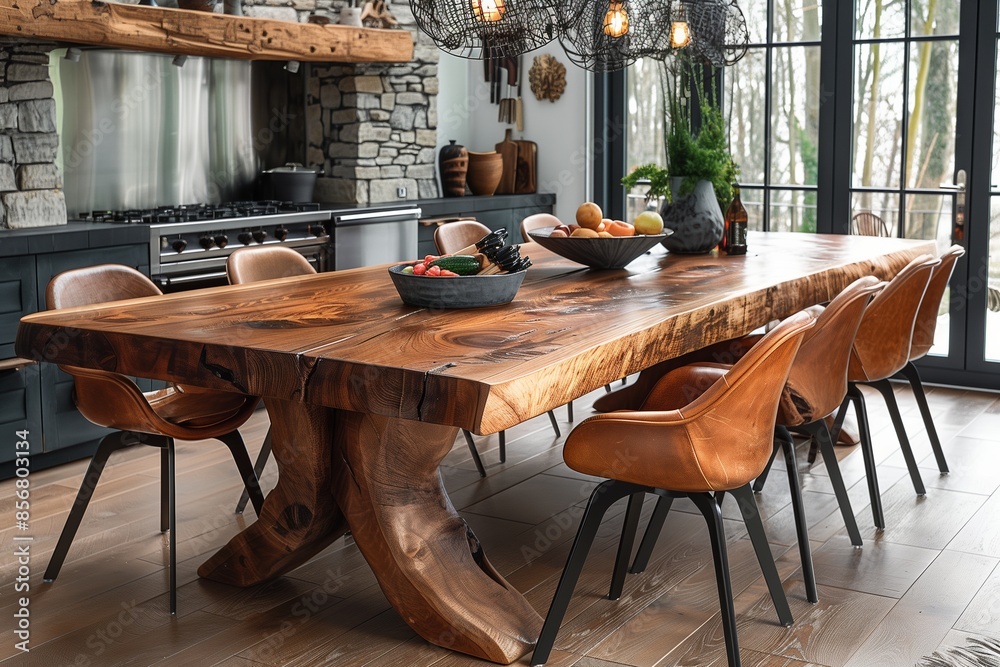 Fototapeta premium Rustic Wooden Dining Table With Leather Chairs In Modern Kitchen