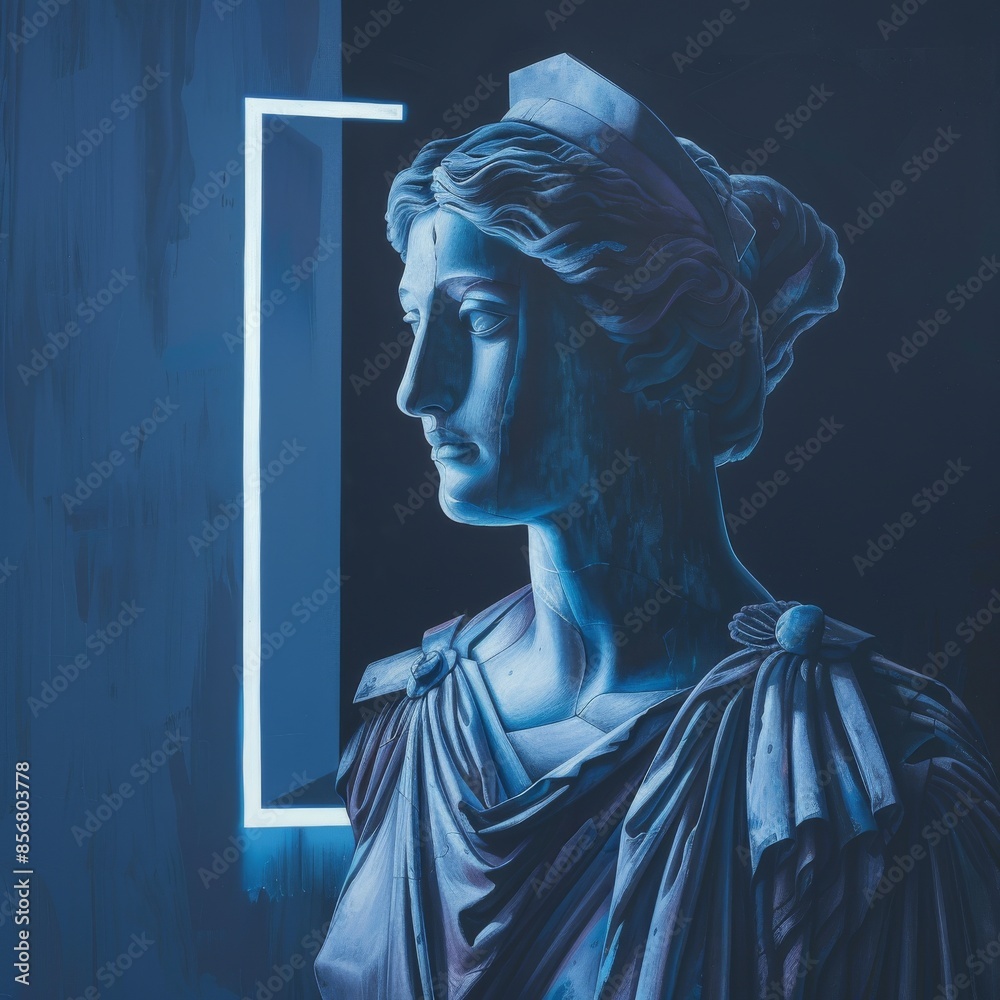 Obraz premium Classical Goddess Bust in Vibrant Neon Light. Modern Art Sculpture