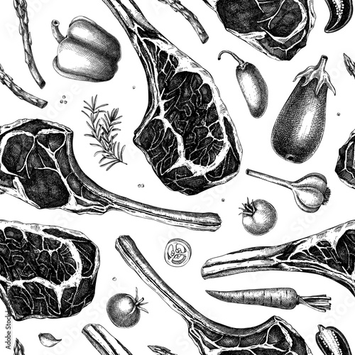 Healthy food background. Meat and vegetable seamless pattern. Tomahawk steak vector sketches. Hand drawn food illustration. NOT AI generated