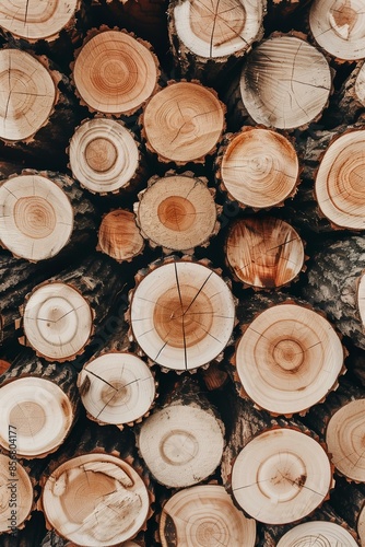 stack of freshly cut logs, arranged neatly in a pile. The cross-sections reveal the tree rings and natural textures of the wood