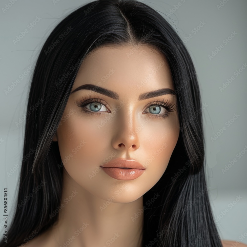 Close-Up Portrait of a Young Woman With Long Black Hair and Blue Eyes Close-Up Portrait of a Young Woman With Long Black Hair and Blue Eyes