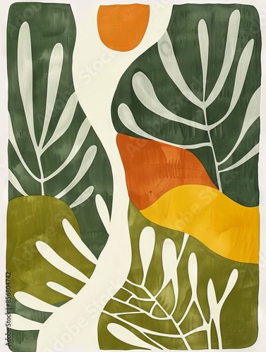 A digital illustration featuring abstract shapes and colors, depicting tropical leaves and a sun